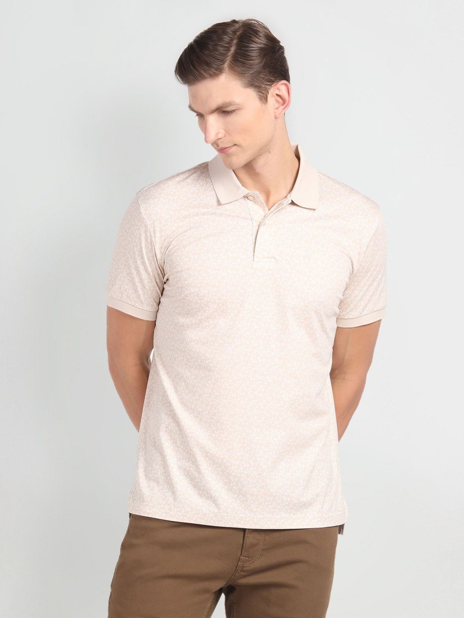 Arrow Beige Cotton Regular Fit Printed Polo T-Shirt