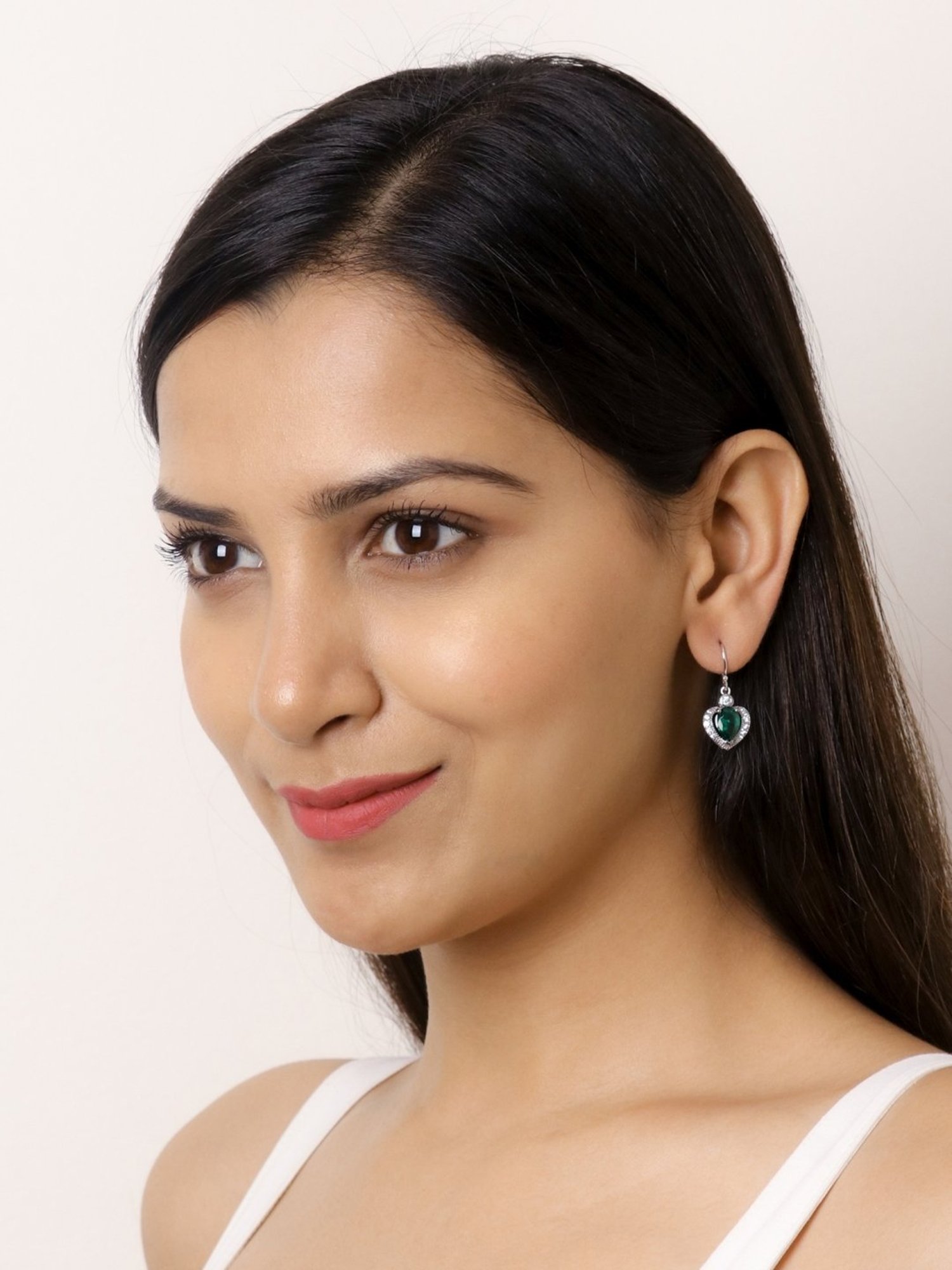 925 Silver Green Emerald and American Diamond d Dangler Earrings for Women & Girls