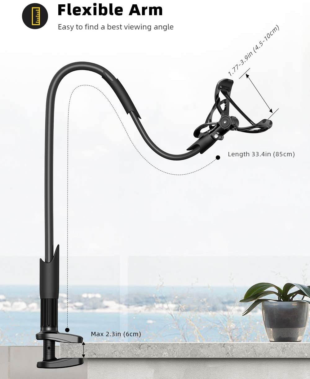 Phone Holder Bed Gooseneck Mount - Lamicall Flexible Arm 360 Mount Clip Bracket Clamp Stand for Cell Phone 11 Pro XS Max XR X 8 7 6 Plus 5 4, Galaxy S10 S9 S8 S7 S6, Overall Length 33.4In(Black)