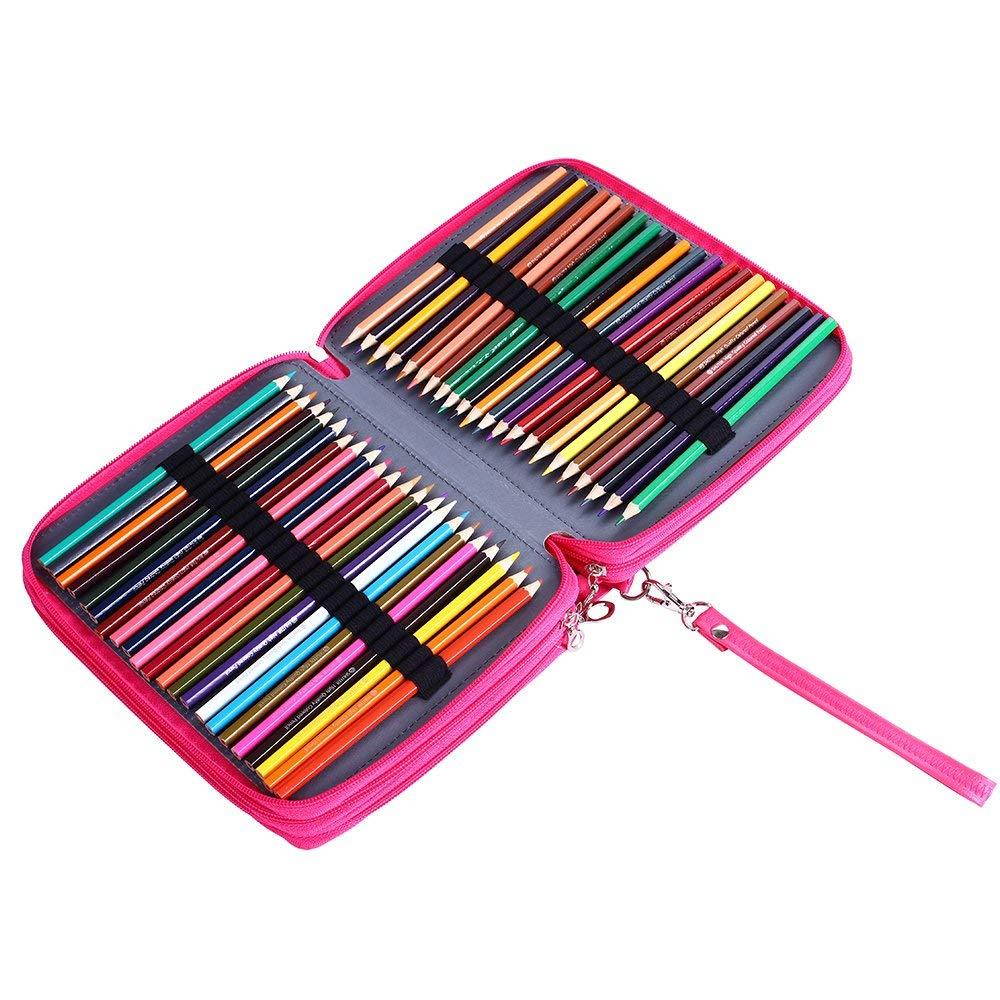 Shulaner 155 Slots Colored Pencil Case Rose Red Leather Pen Holder Large Capacity Portabl Organizer Holds Up to 80 Colored Pencils and 72 Colored Gel Pens with 3 Larger Slots for Eraser or Sharpener