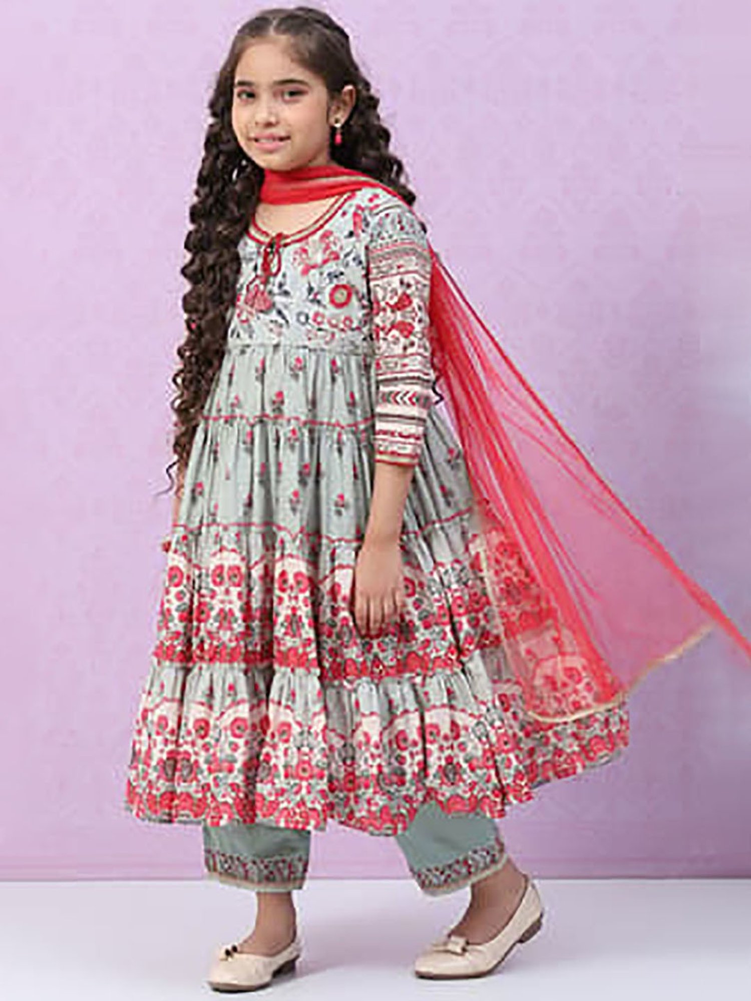 BIBA Girls Grey & Red Floral Print Kurta, Plazzos with Dupatta