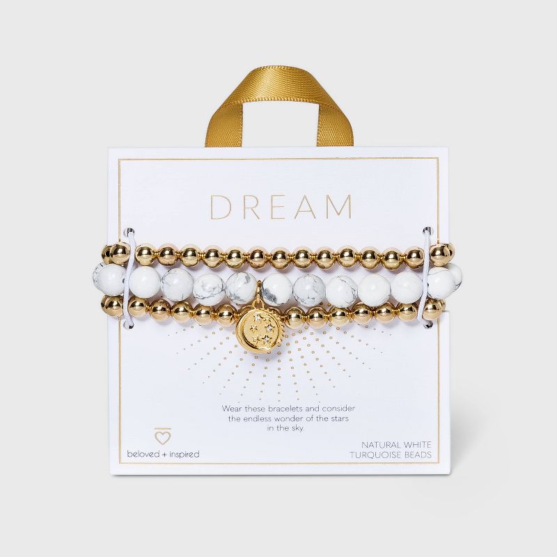 Beloved + Inspired Gold Howlite with Celestial Charm Trio Stretch Bead Bracelet Set - Gold