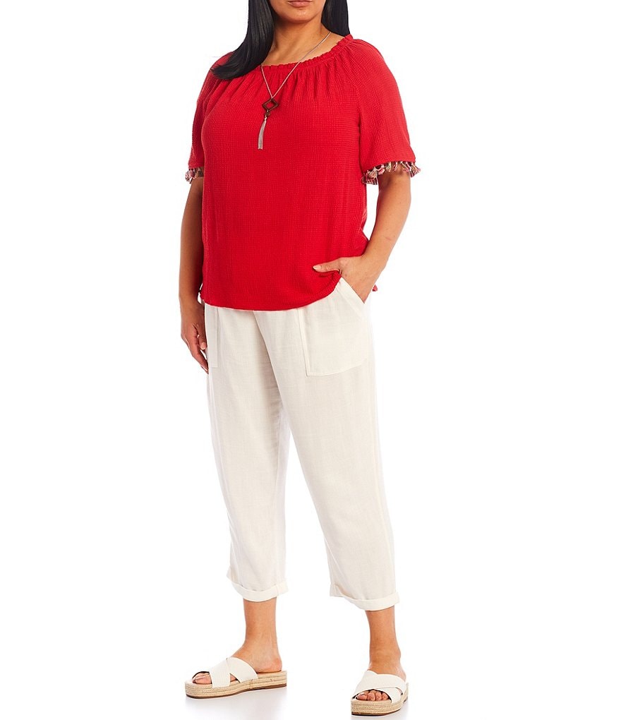 I.N. Studio Plus Size Pucker Woven Square Neck Tassel Trim Short Sleeve Necklace Top