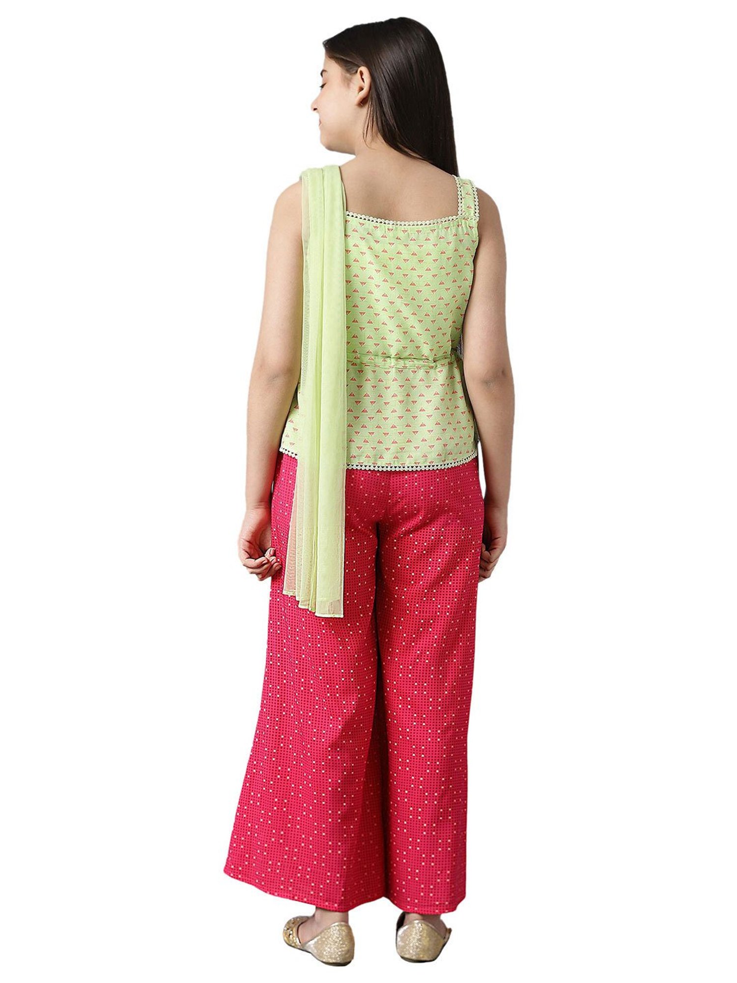 Aurelia Kids Green & Pink Printed Kurti with Palazzos & Dupatta