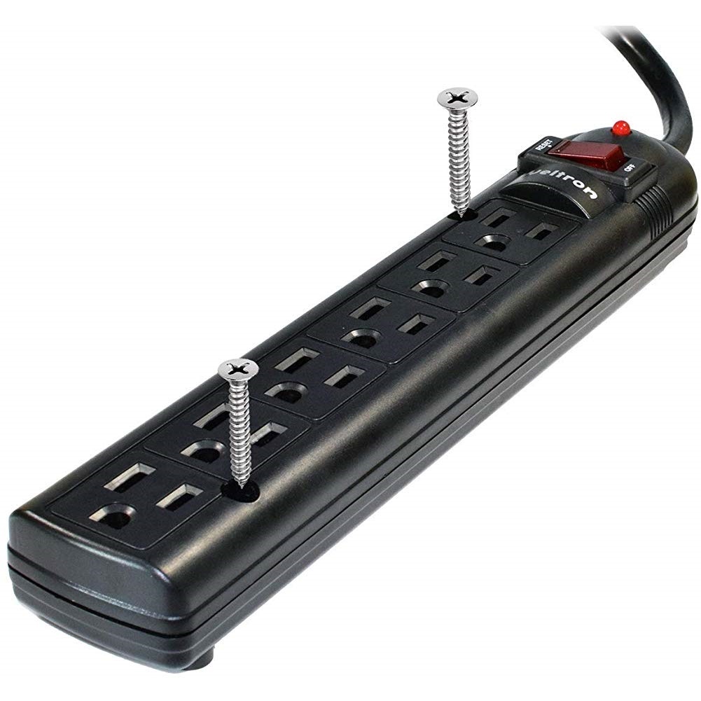 THIS 6 OUTLET PLASTIC POWER STRIP HAS 750 JOULES, EMI/RFI FILTER AND A 25FT POWE
