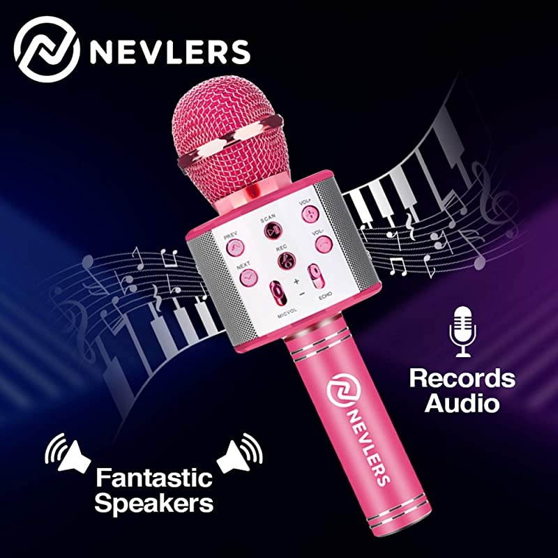Karaoke Microphone with Wireless Bluetooth Speaker and Recording Options, Easy to Use Portable Handheld Karaoke Machine for Kids and Adults - Pink