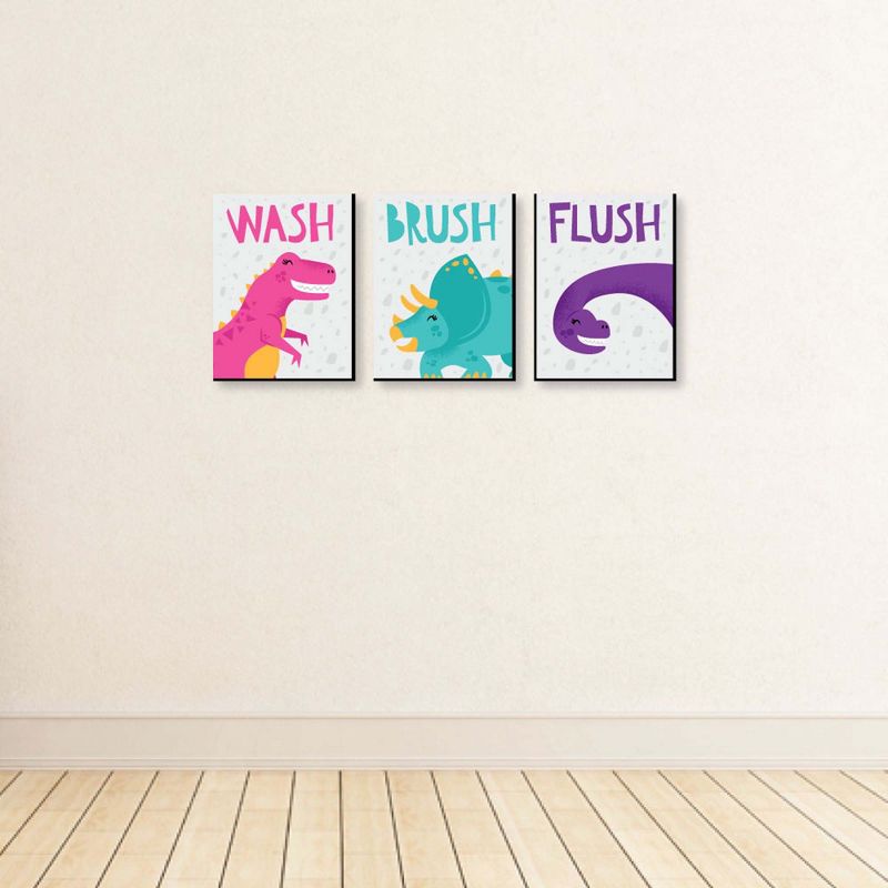 Big Dot of Happiness Roar Dinosaur Girl - Kids Bathroom Rules Wall Art - 7.5 x 10 inches - Set of 3 Signs - Wash, Brush, Flush