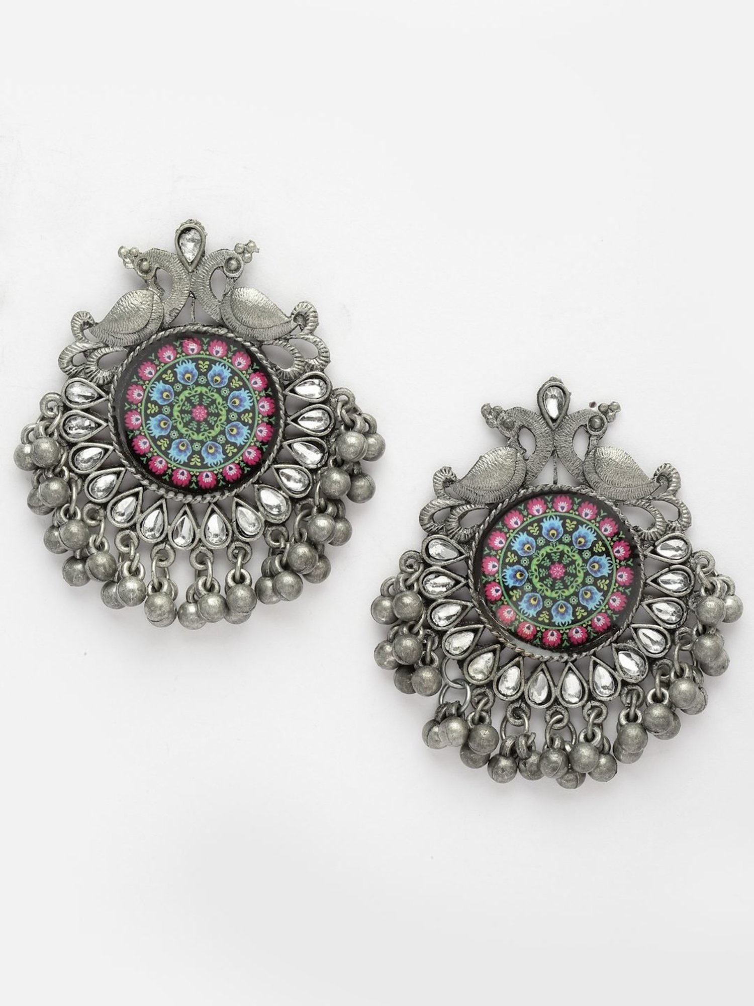 Moedbuille Stones and Ghungru Meenakari Work Oxidised Silver Plated Antique Tribal Earrings
