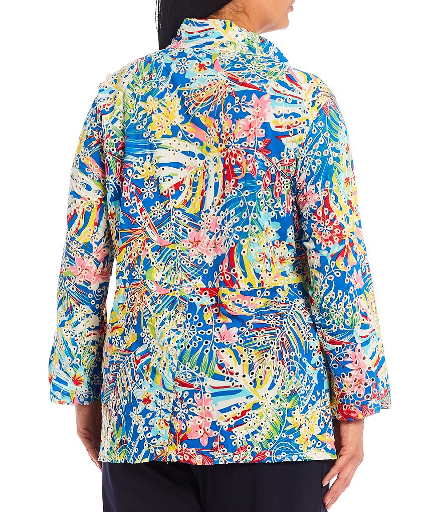 John Mark Plus Size Allover Tropical Print Wire Point Collar Spread Neck Long Roll-Tab Sleeve Button Down Blouse