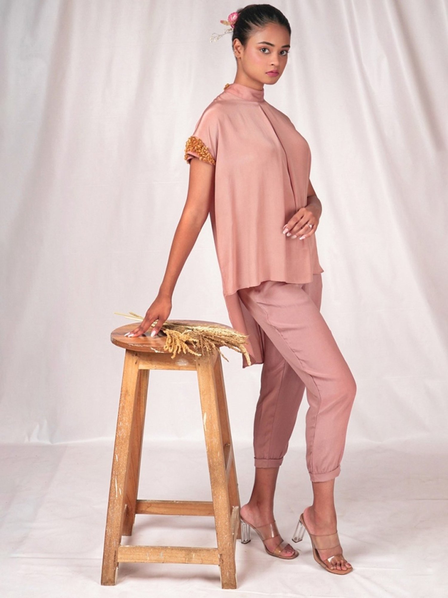 Seesa Pink Spring Summer Fitted Women's Trousers With Turned Up Hemline