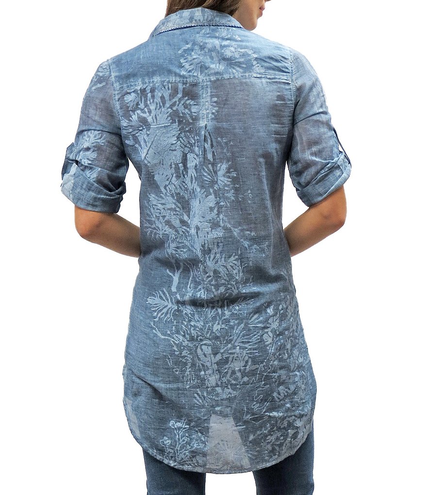 Karyn Seo Simone Embroidered 3/4 Sleeve Point Collar Button Front Tunic