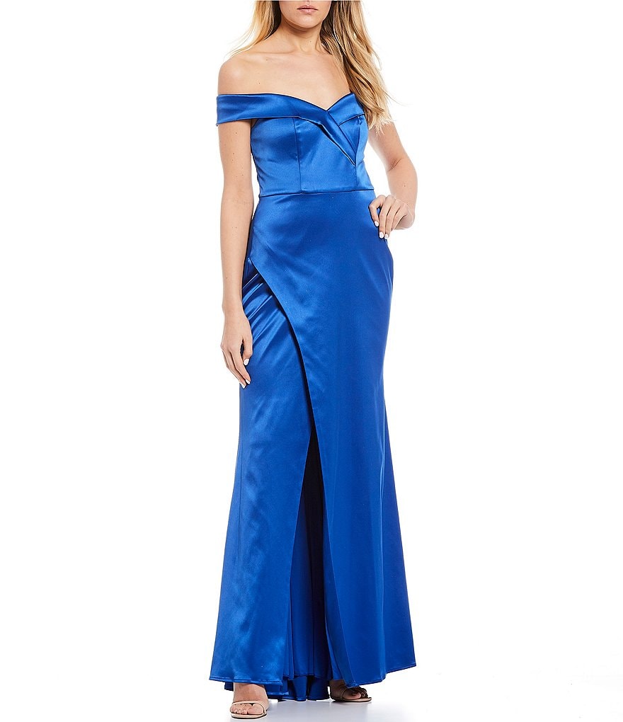 Sequin Hearts Off-The-Shoulder Side Slit Satin Wrap Long Dress
