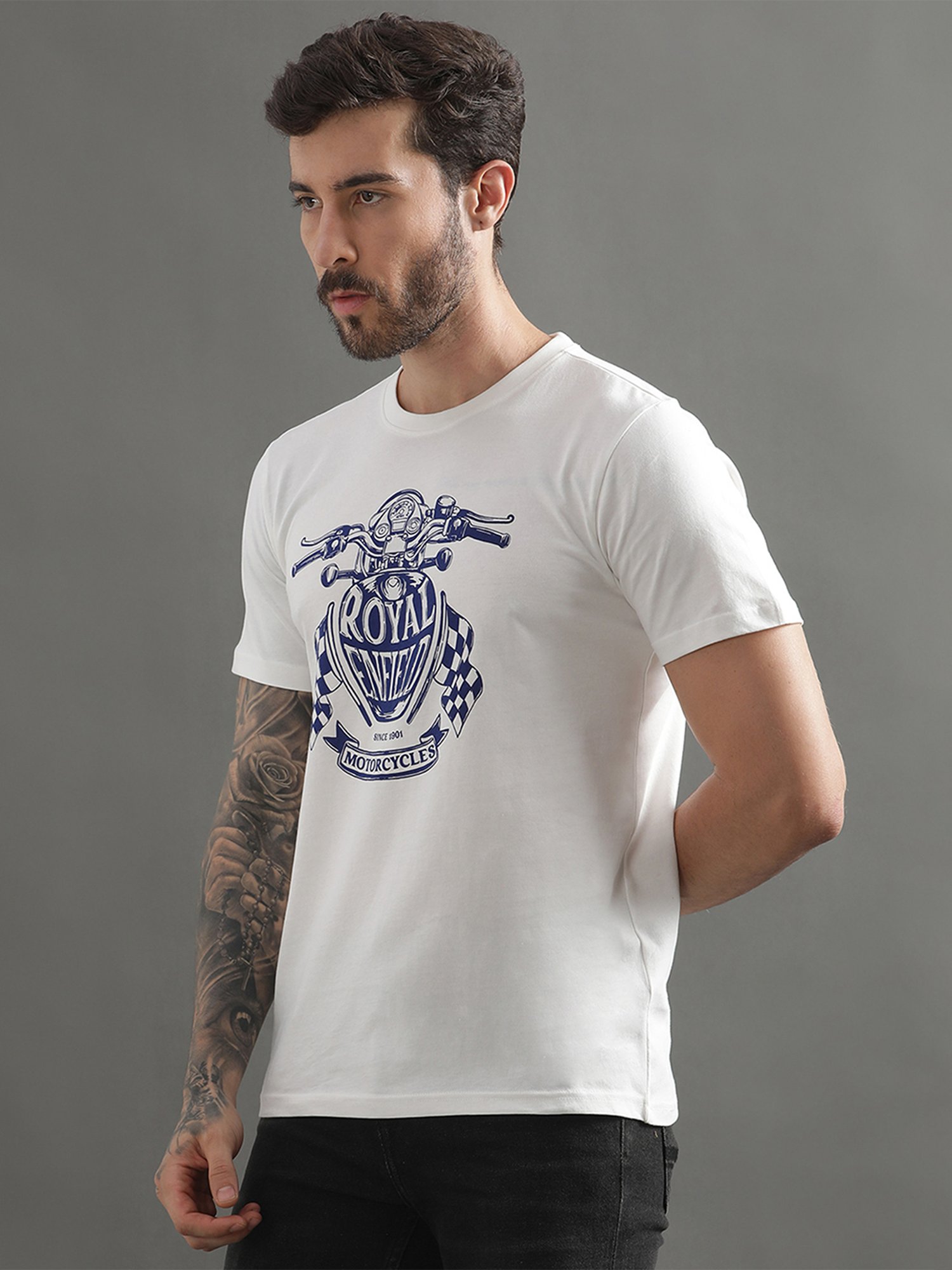 Royal Enfield Classic White Regular Fit Printed Crew T-Shirt