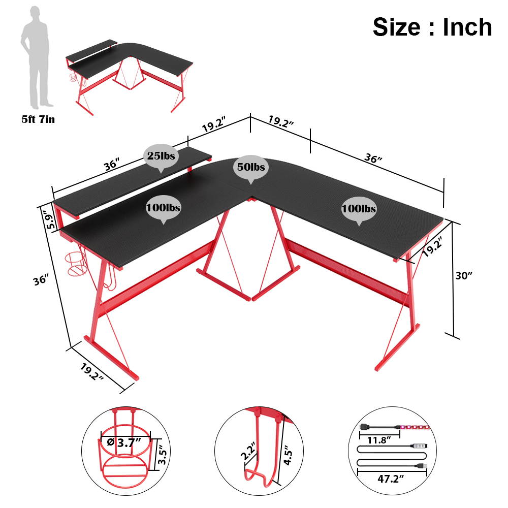 Bestier 55.2" Gaming Desk Racing Style PC Computer Desk L-Shaped Desk Corner Home Office Table with Ergonomic Monitor Stand & RGB Strip Light & Multifunctional Hook (Black Carbon Fiber)