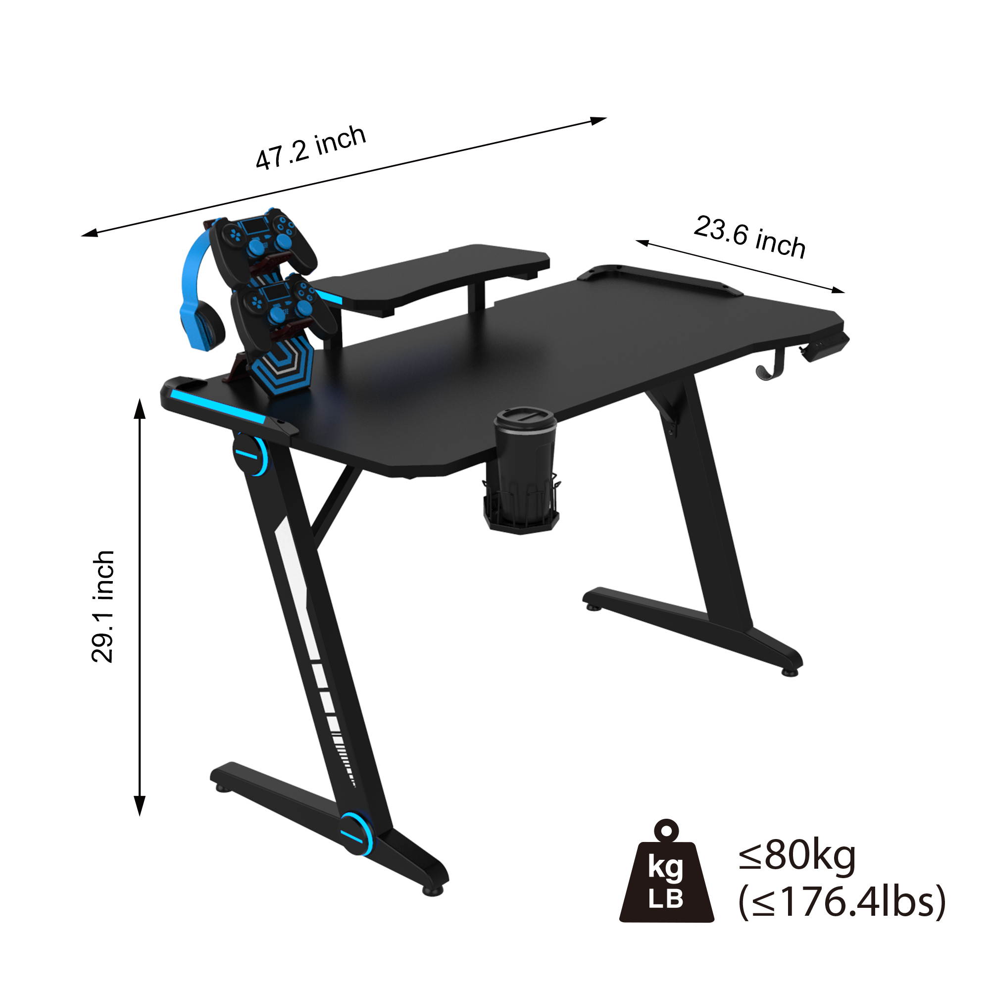 43.3 Inch Z-Shaped Gaming Desk Ergonomic Home Office Computer Desk with LED Lights Large Carbon Fiber Surface  Game Handles Holder Cup Holder Headphone Hook Black