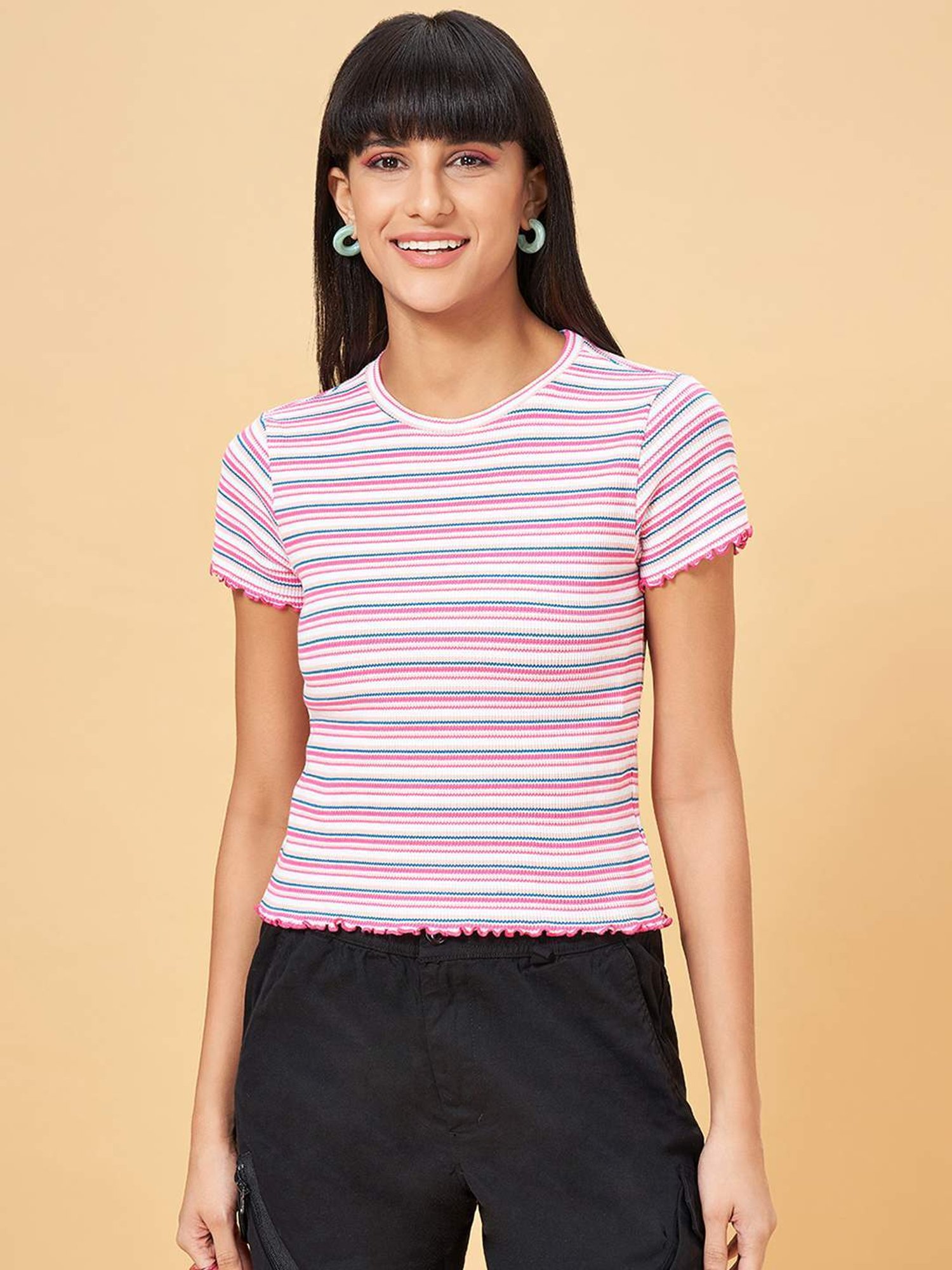 People by Pantaloons Multicolored Cotton Striped T-Shirt