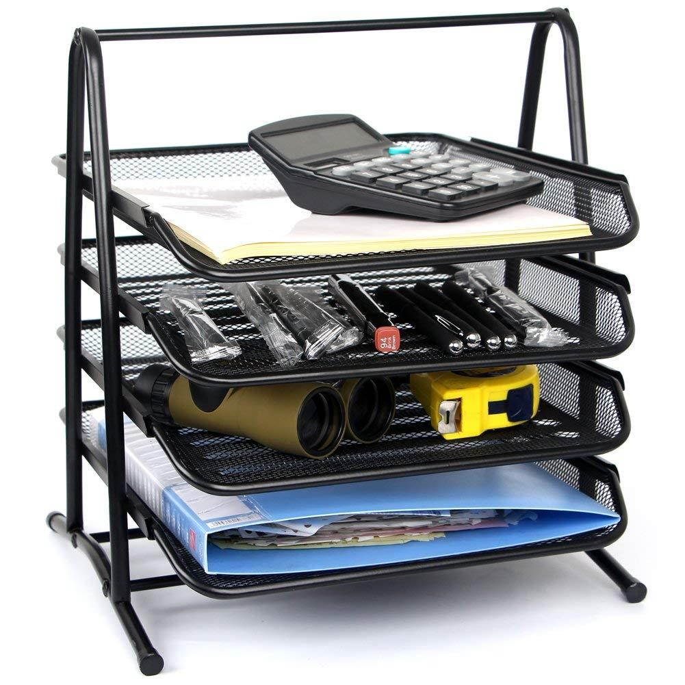 Stackable Letter Tray Desktop Organizer Metal Mesh Office Tray Desk File Organizer,4-Tiers Shelf,Black by Sun Cling
