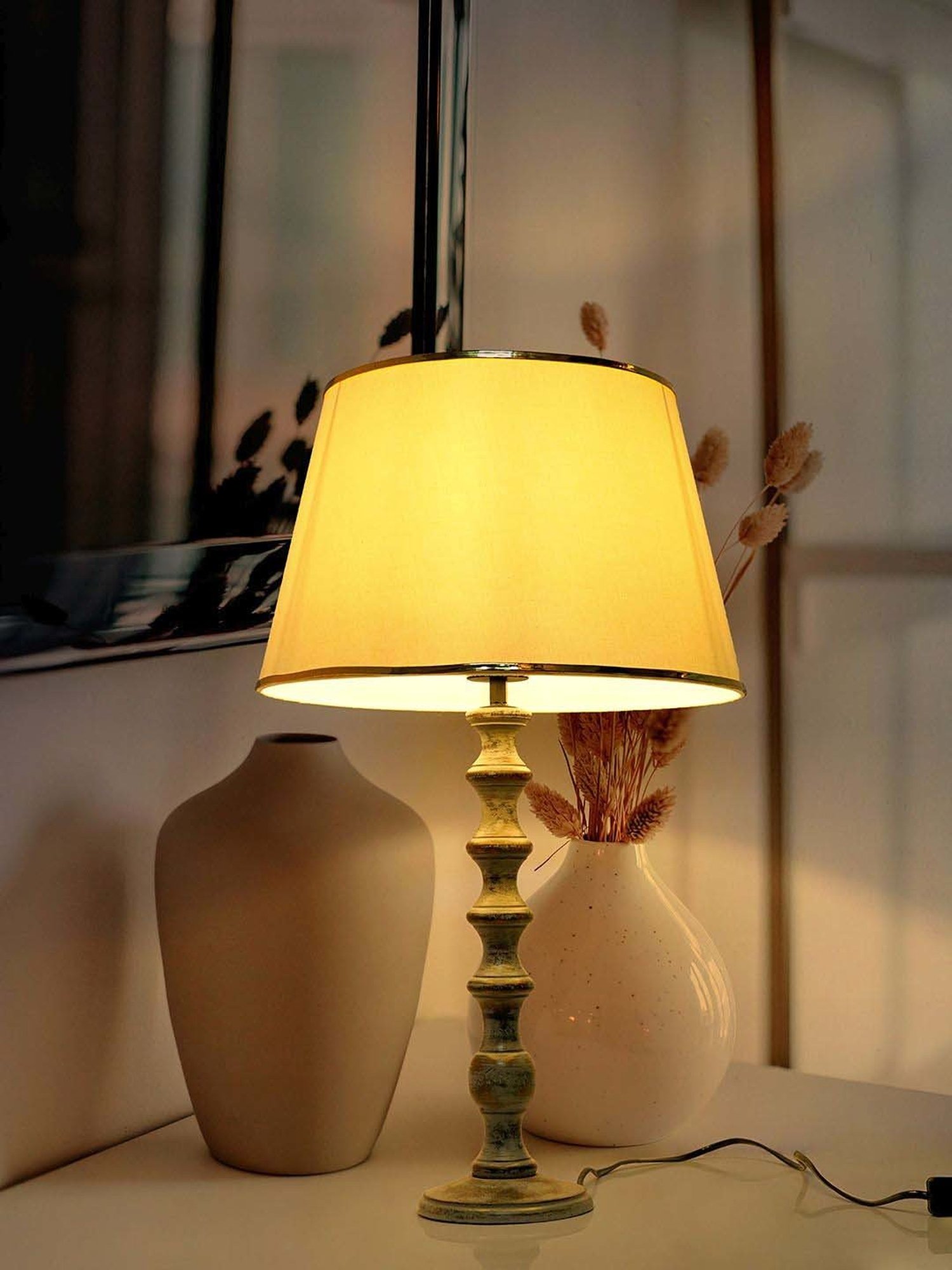 FOS LIGHTING Cream & Grey Wood Table Lamp With Tapered Fabric Shade