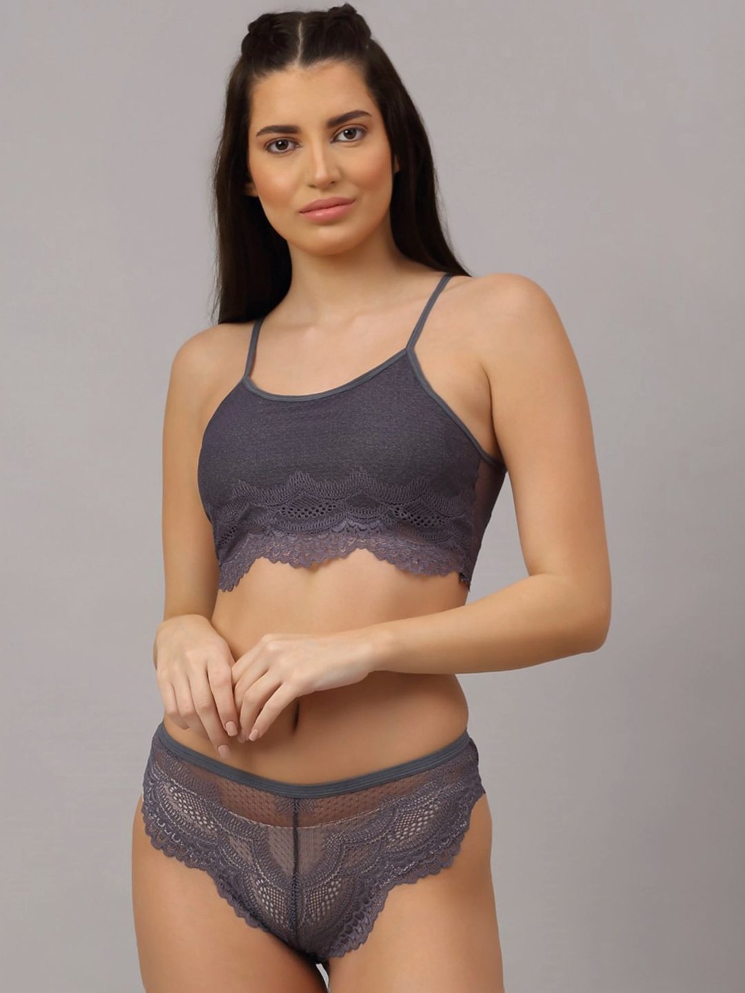 mod & shy Black Self Pattern Lingerie Set