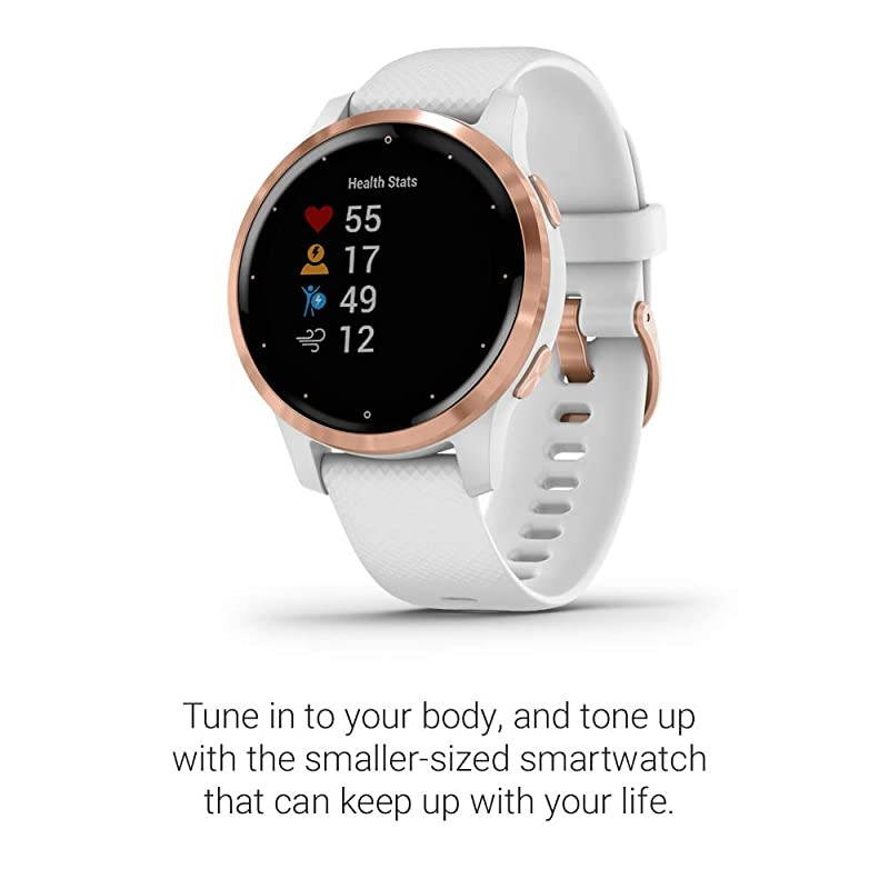 010-02172-21 Vivoactive 4S, Smaller-Sized GPS Smartwatch, Features Music, Body Energy Monitoring, Animated Workouts, Pulse Ox Sensors, Rose Gold with White Band