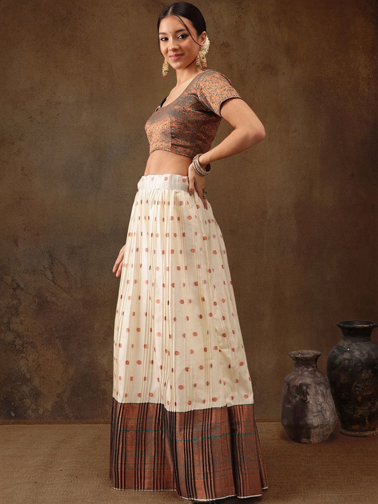 Silk Land Beige & Green Woven Pattern Semi Stitched Lehenga Choli Set With Duppata