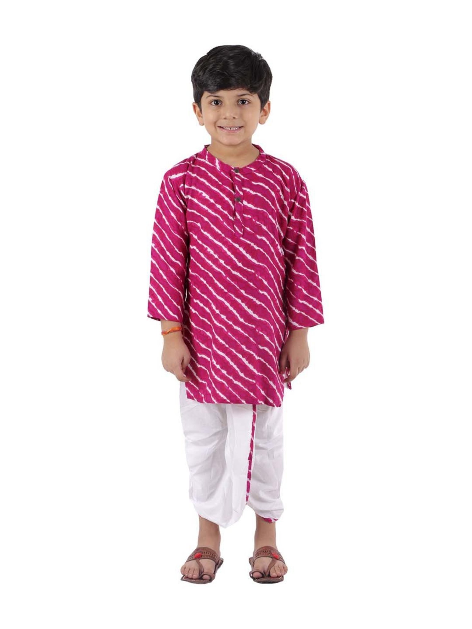 Ahhaaaa Kids Pink & White Cotton Striped Kurta Set