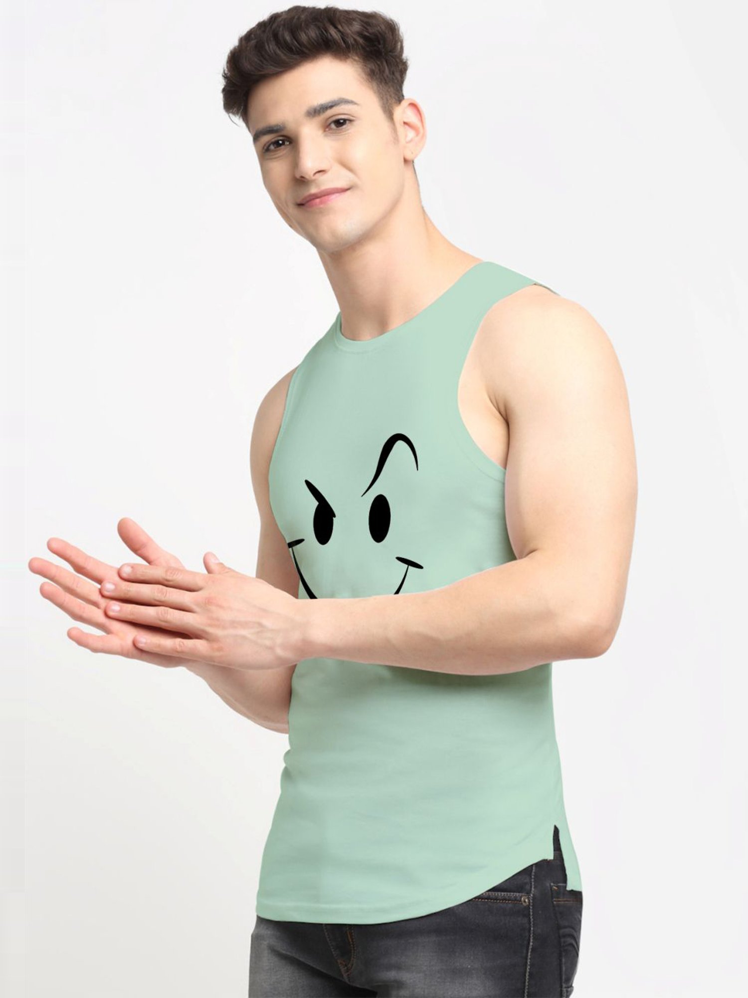 Friskers Green Cotton Slim Fit Printed Vest