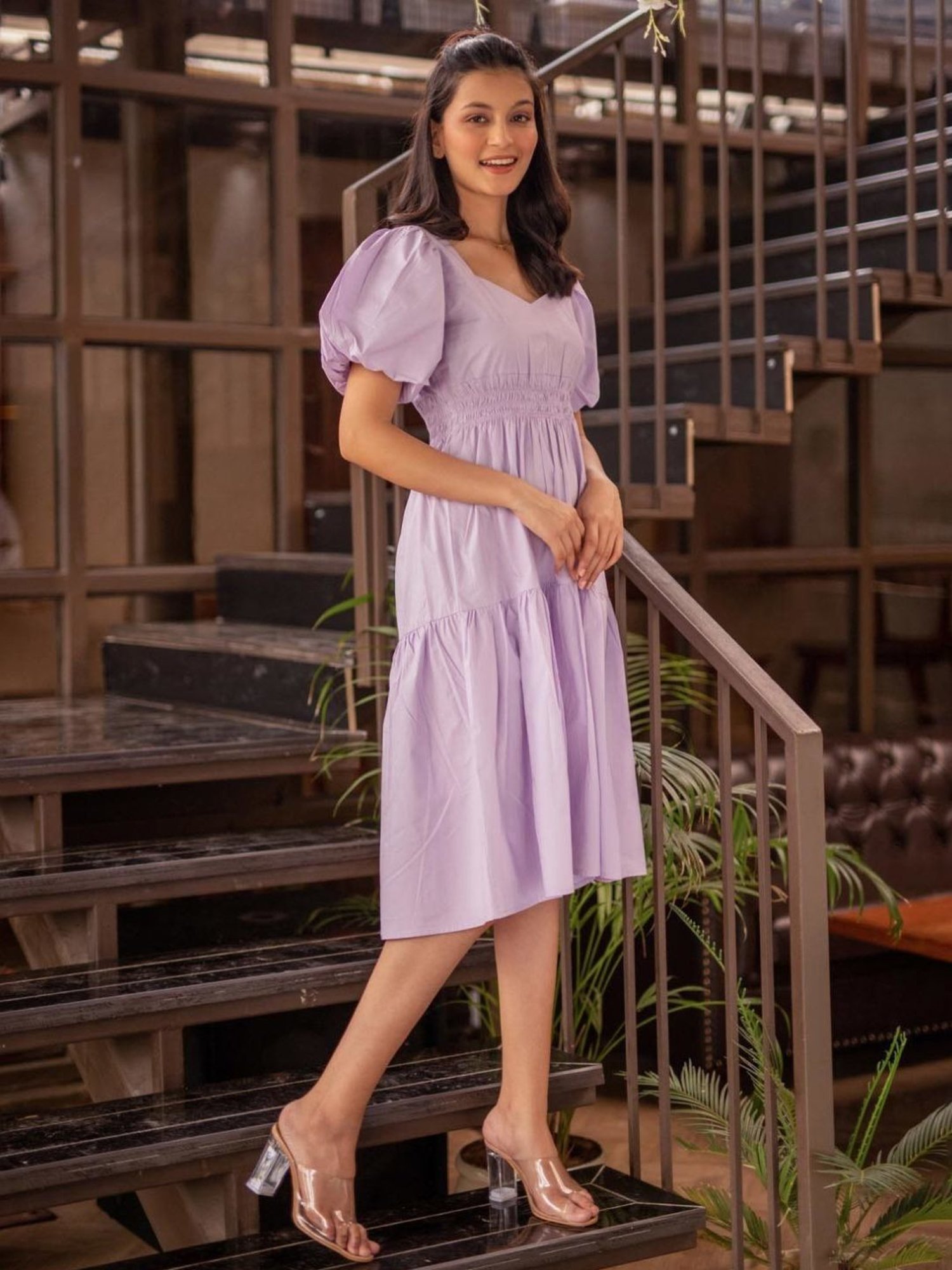 BInfinite Lavender Bishop Sleeve Shirred Waistline Dress