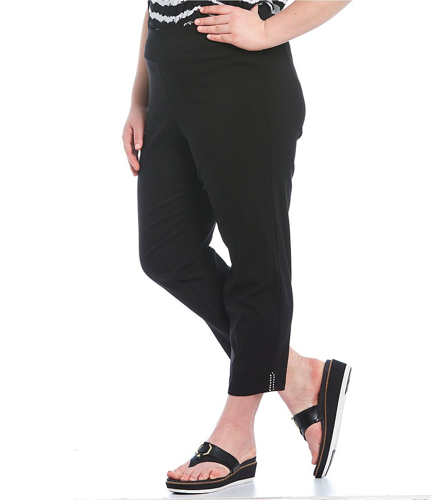 Allison Daley Plus Size Tech Stretch Embellished Hem Detail Pull-On Ankle Pants