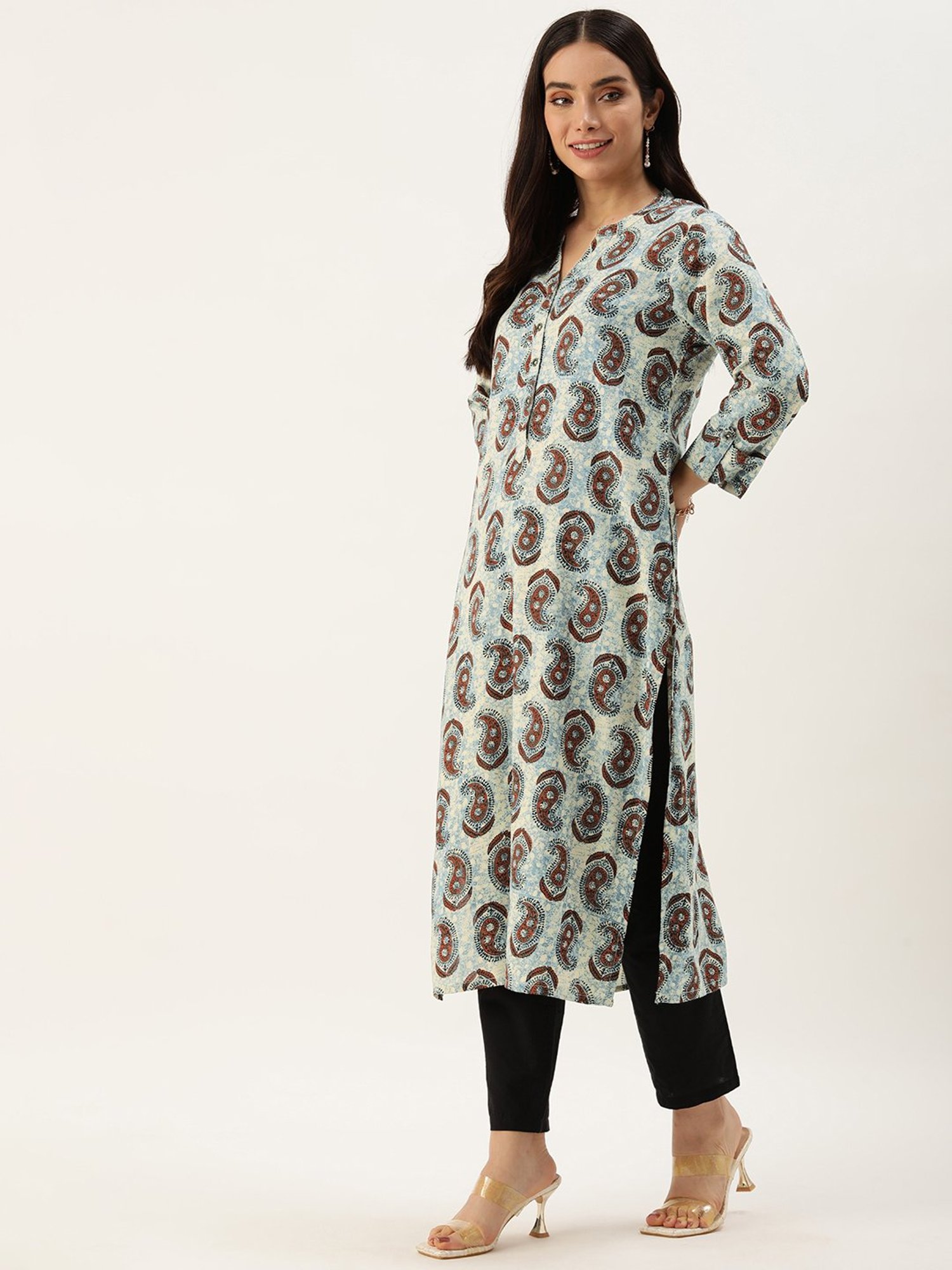 Amukti Blue Printed A Line Kurta
