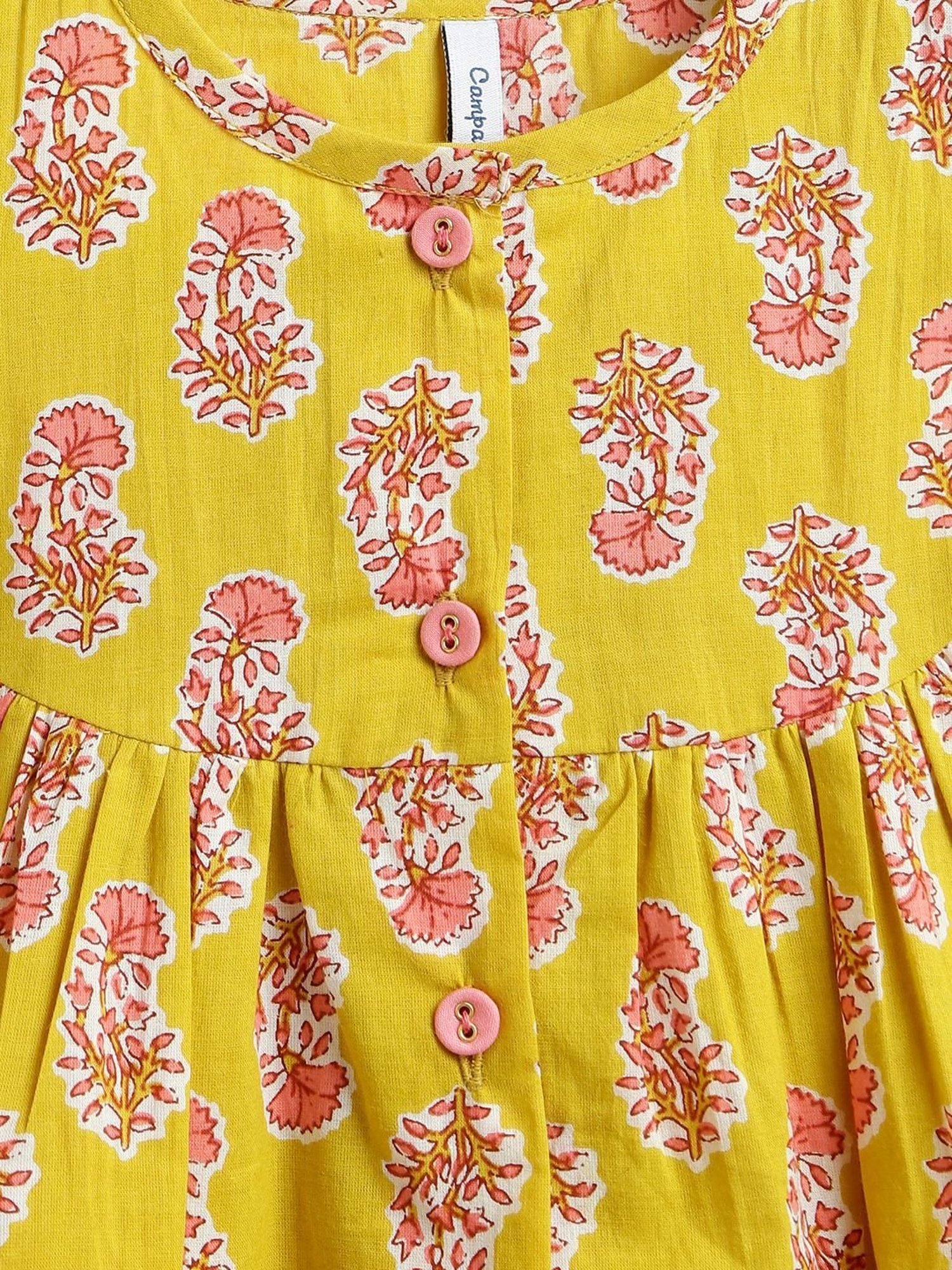 Campana Kids Yellow & Peach Cotton Floral Print Kurta Set