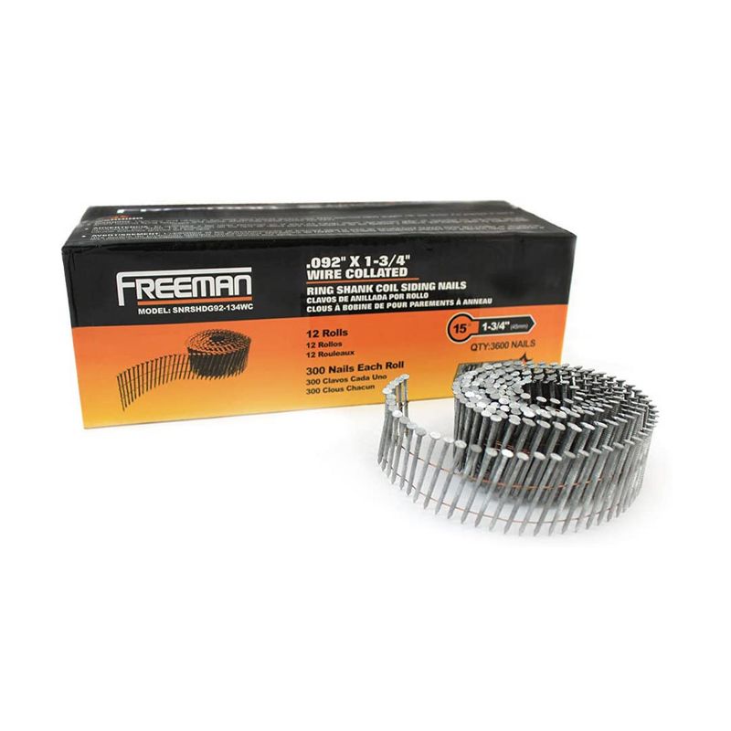 Freeman SNRSHDG92-134WC 15 Degree Galvanized Steel Wire Collated Ring Shank Coil Siding Nails for Decking Installation and Fencing, 3600 Count