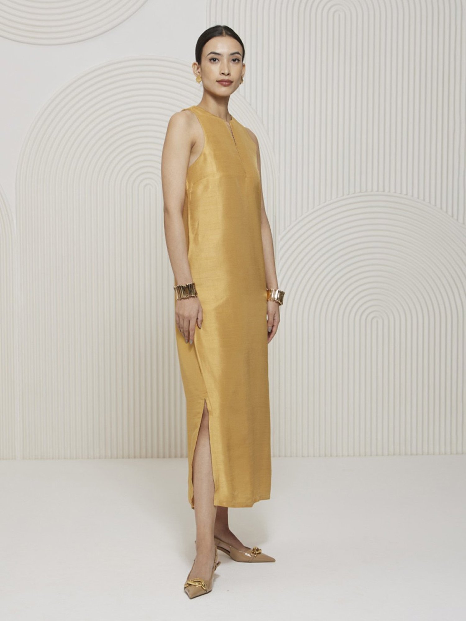 Artagai Gold Earth Romancing Aari Incut Sleeve Maxi Dress