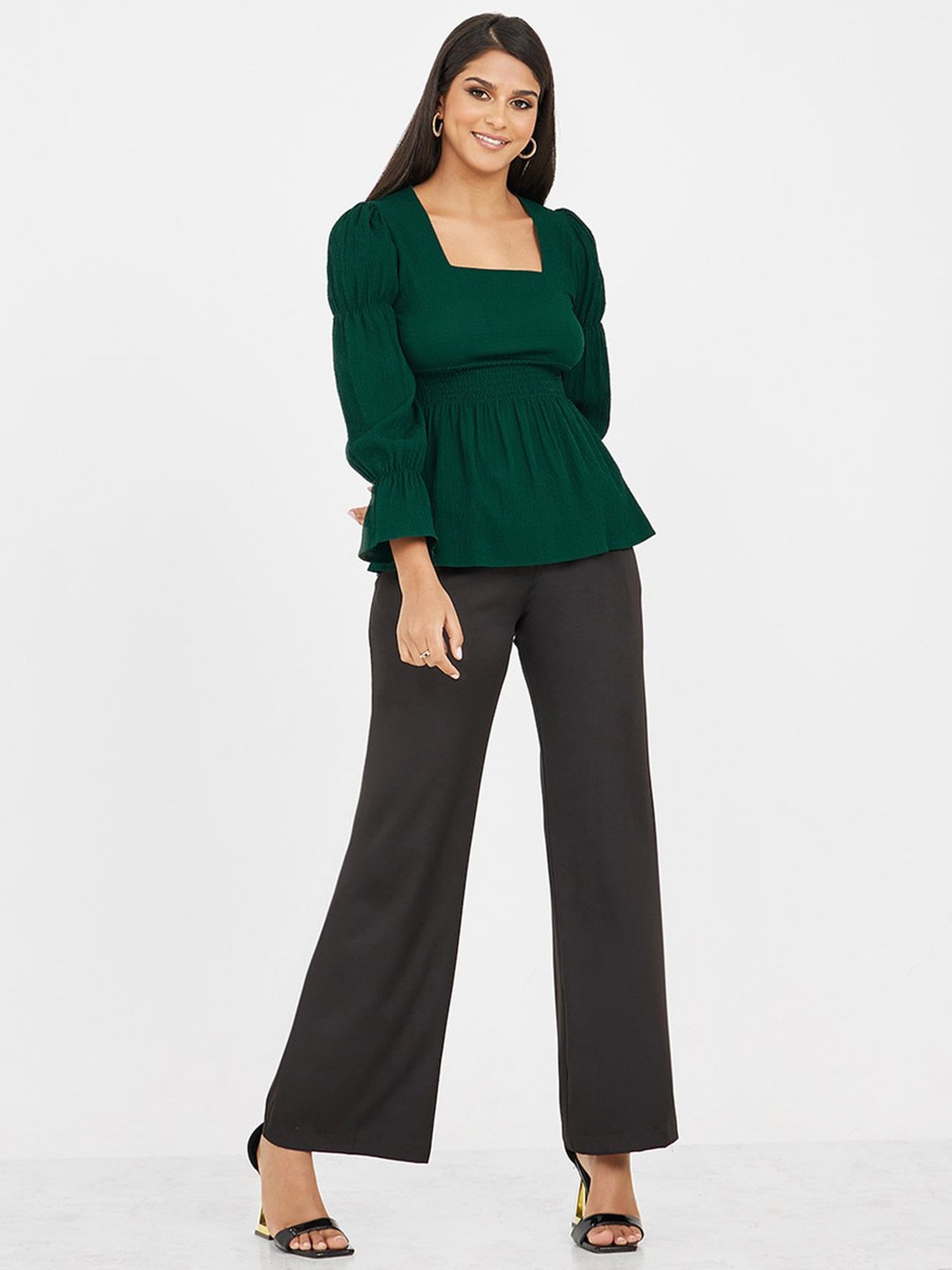 Styli Square Neck Shirred Waist Peplum Top
