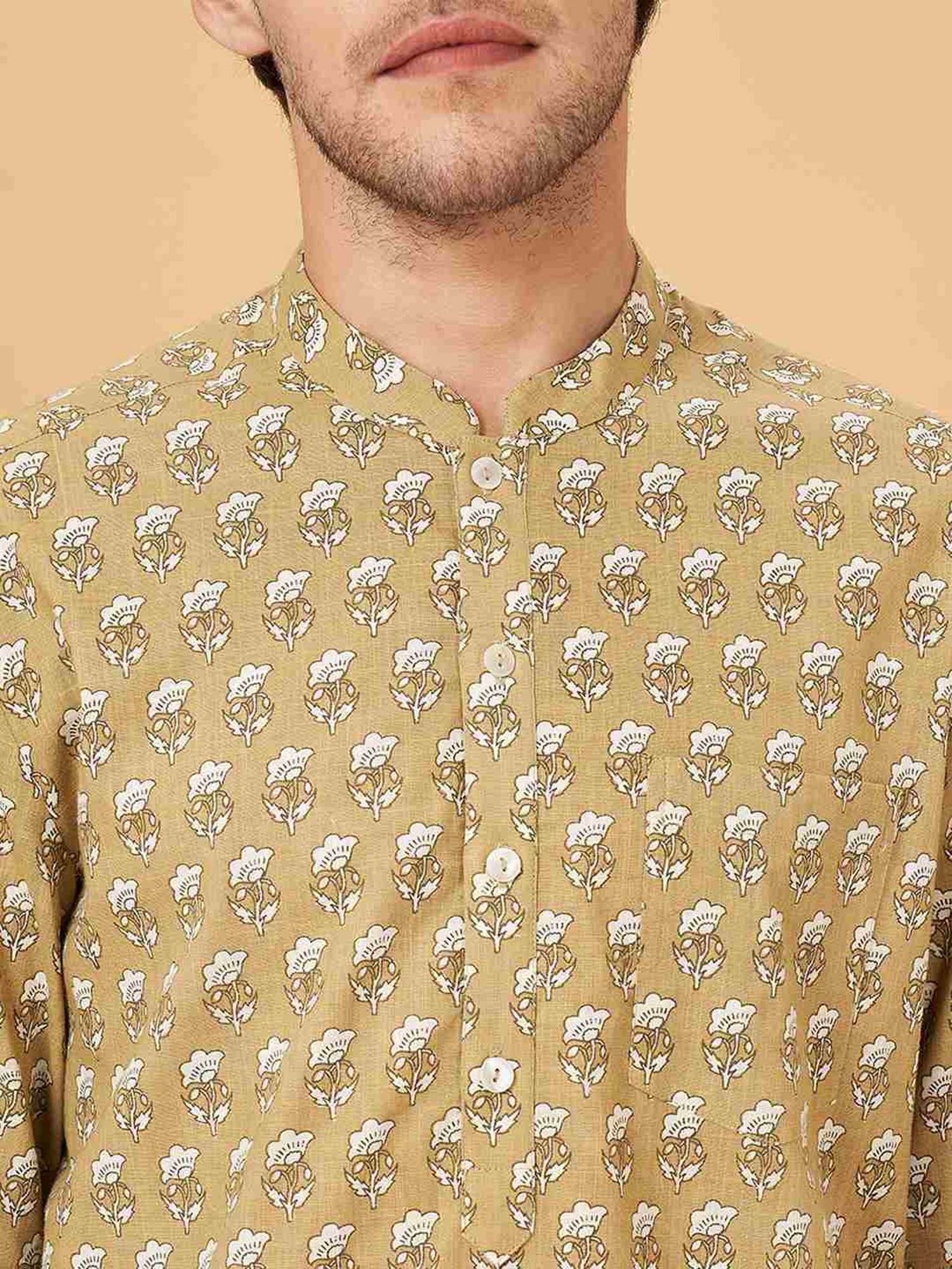 Indus Route By Pantaloons Honey Mustard Cotton Regular Fit Printed Short Kurta