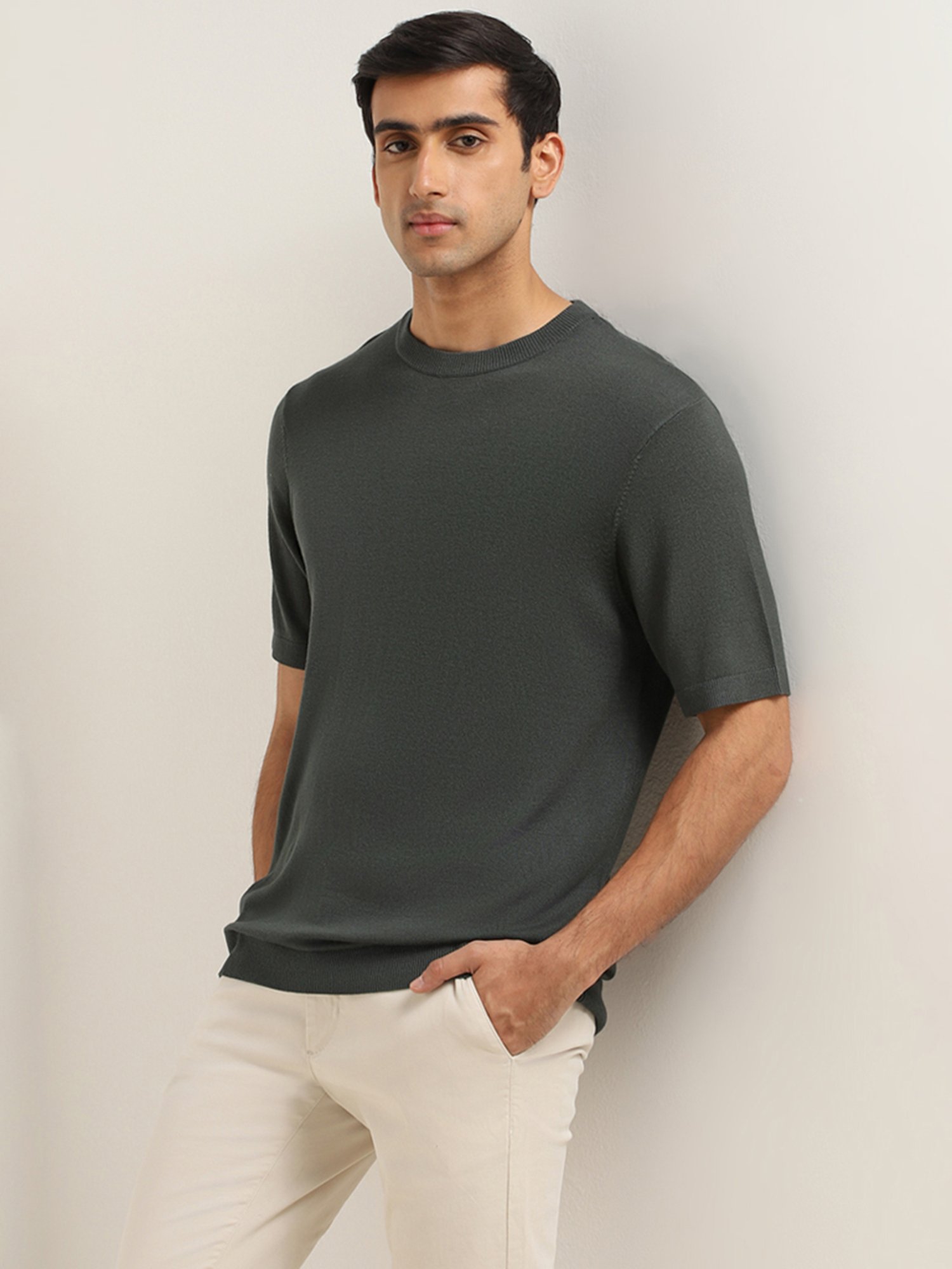 WES Formals by Westside Solid Dark Green Relaxed Fit T-Shirt