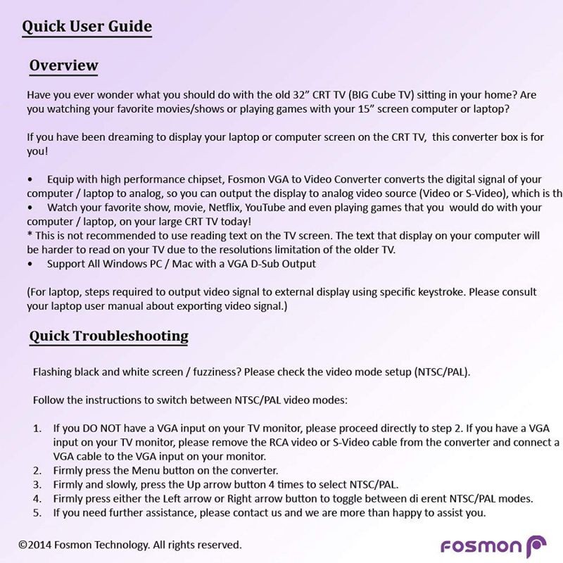 Fosmon VGA To RCA Adapter, Composite AV S Video To VGA Converter, PC To TV Video Switch Box For HDTV, Monitors, Laptop, Desktop, PC