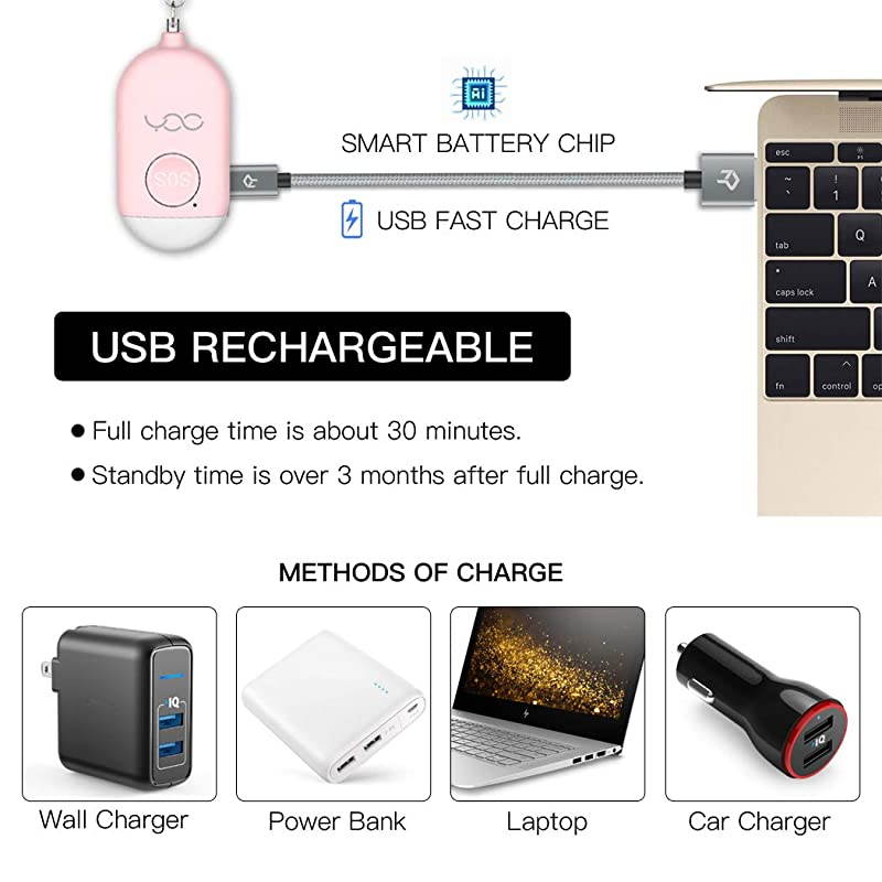 Safe Personal Alarm 130db Personal Safety Alarm Siren Song for Women Keychain with USB Rechargeable LED Flashlight Emergency Self Defense Safe Sound for Kids Elderly White