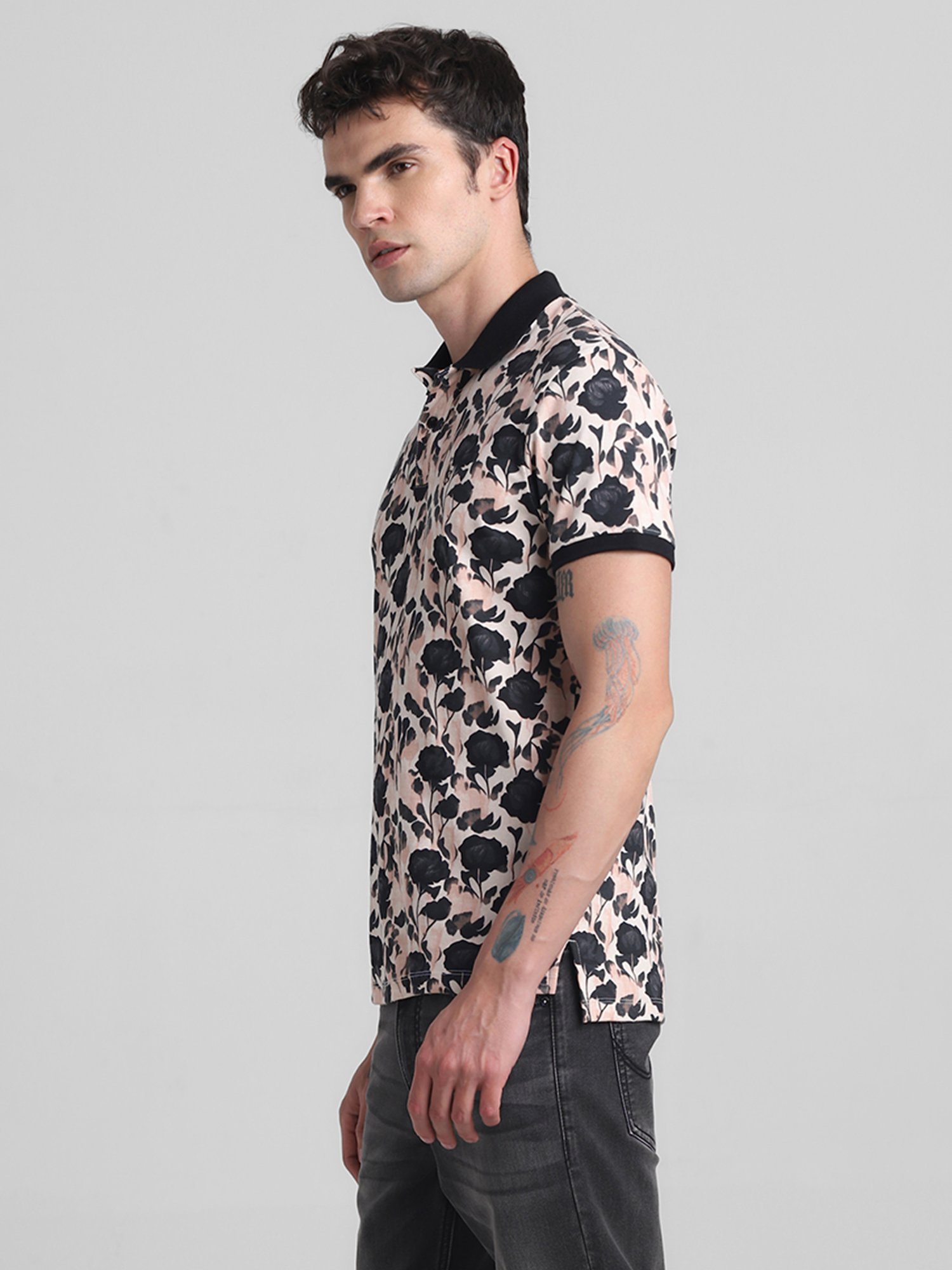 Jack & Jones Off White Slim Fit Printed Cotton Polo T-Shirt