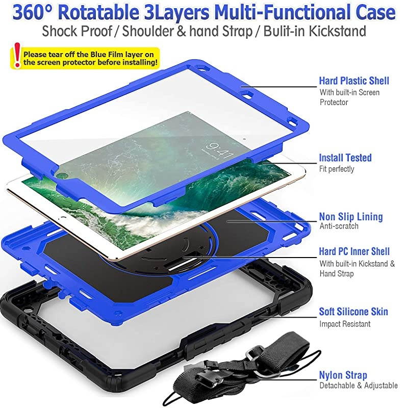 iPad Air 3rd Generation Case 2019, Drop-Proof [Full-Body] Case with 360Degrees Rotating Stand [Pencil Holder] [Screen Protector] Hand Strap for iPad Air 3 2019/ Pro 10.5 2017(Blue+Black)
