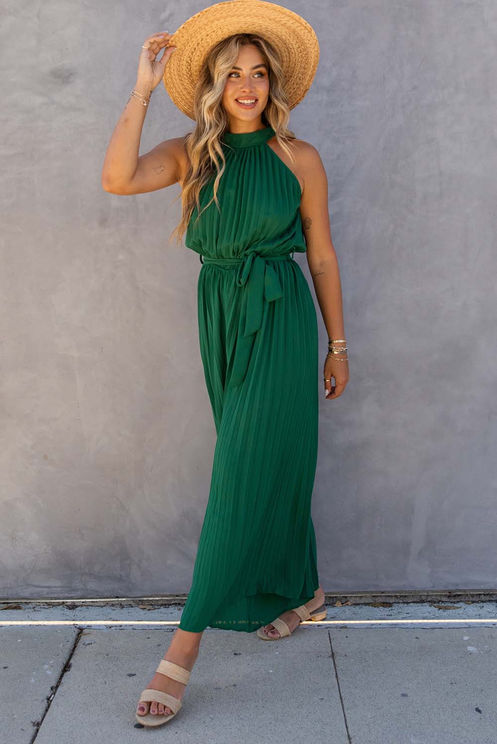 Rose Tan Solid Self Tied Straps Pleated Wide Leg Jumpsuit
