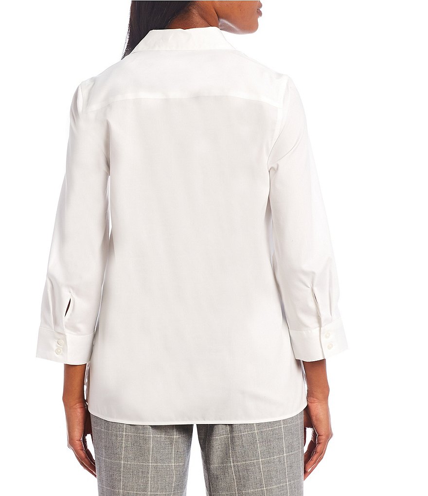 Kasper Oxford Shirting Point Collar Neck Long Button Cuff Sleeve Hi-Low Top