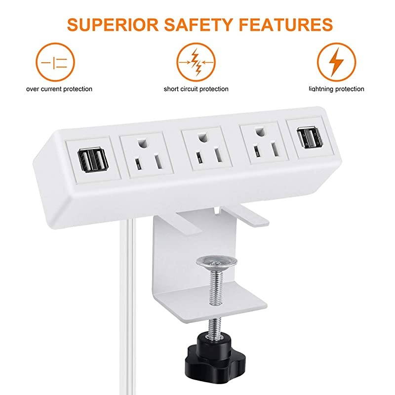 AC Outlet Desk Clamp Power Strip White Desk Mount USB Charging Power Station Removable Desktop Edge Power Center Plugs Output 125V60HZ12A1500W USB 5V4A 656FT Cable