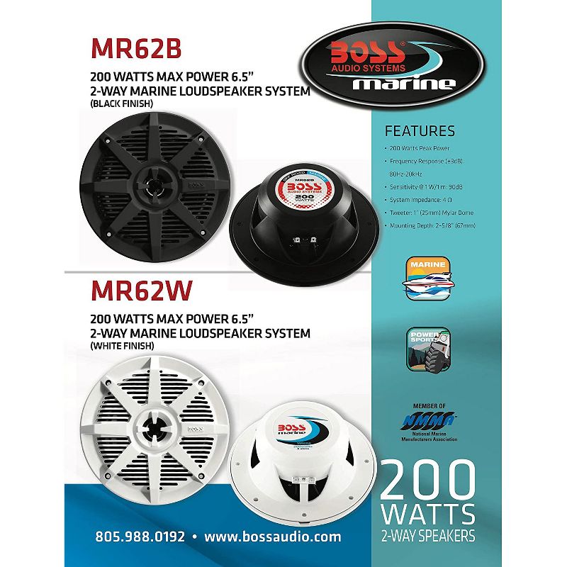 BOSS Audio 6.5-Inch 200-Watt 2-way Water Resistant Marine Boat Speakers, Black, Set of 2
