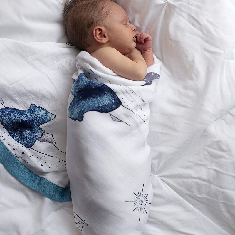 JumpOff Jo - Swaddle Baby Blanket - 47" x 47" - Bamboo and Cotton - Mama Bear in Blue
