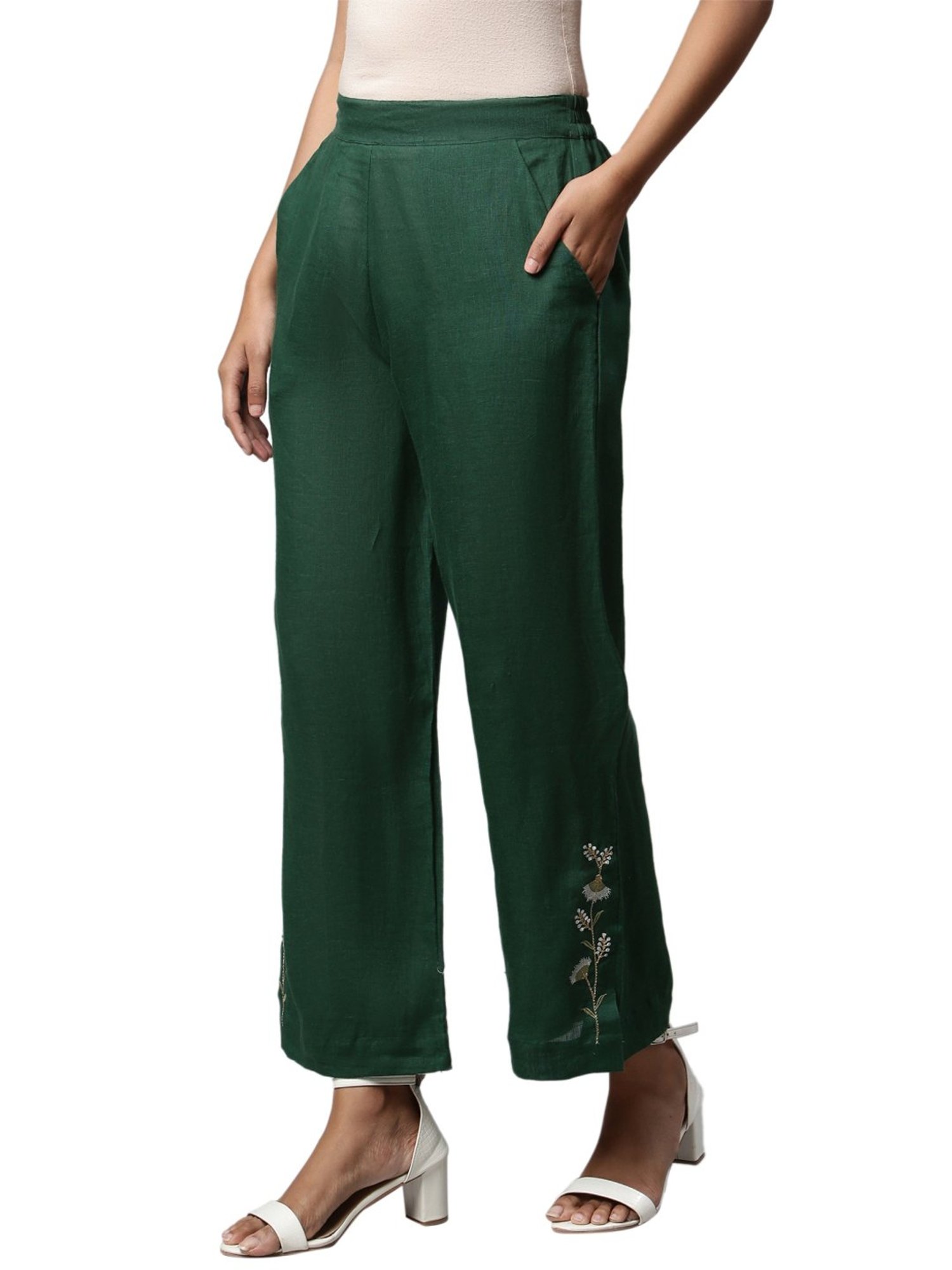 Linen Club Woman Green Embroidered Palazzos