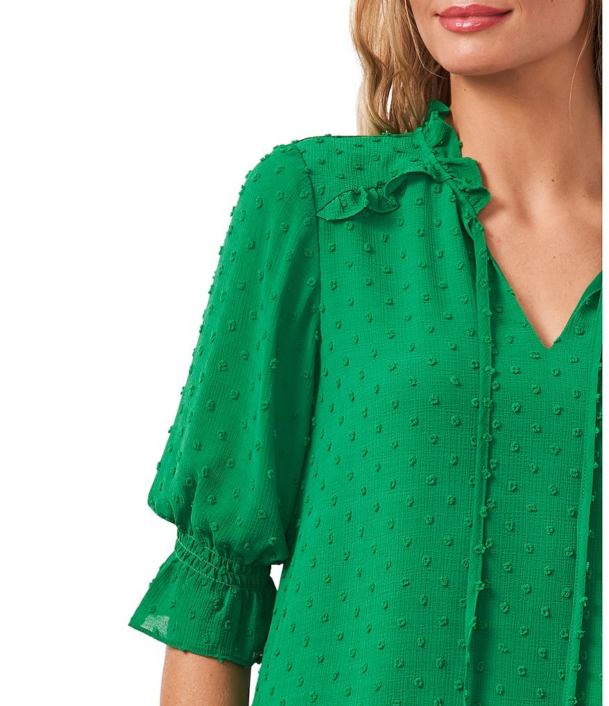 CeCe Split Neck Elbow Sleeve Clip Dot Chiffon Blouse