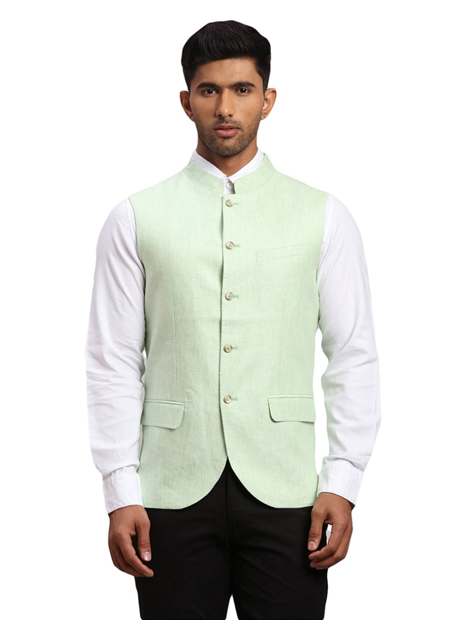Parx Green Linen Regular Fit Nehru Jacket