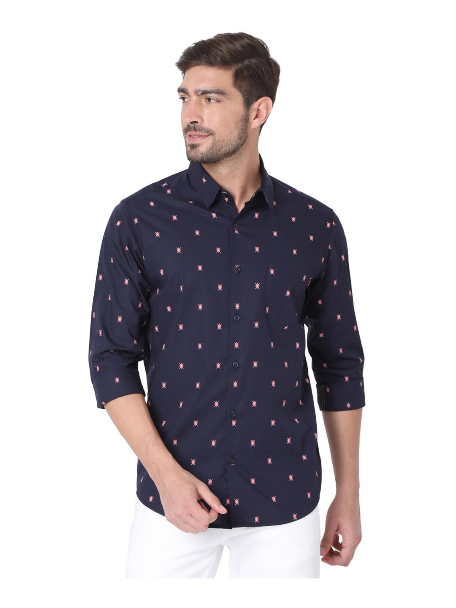 Mufti Navy Cotton Slim Fit Printed Shirt