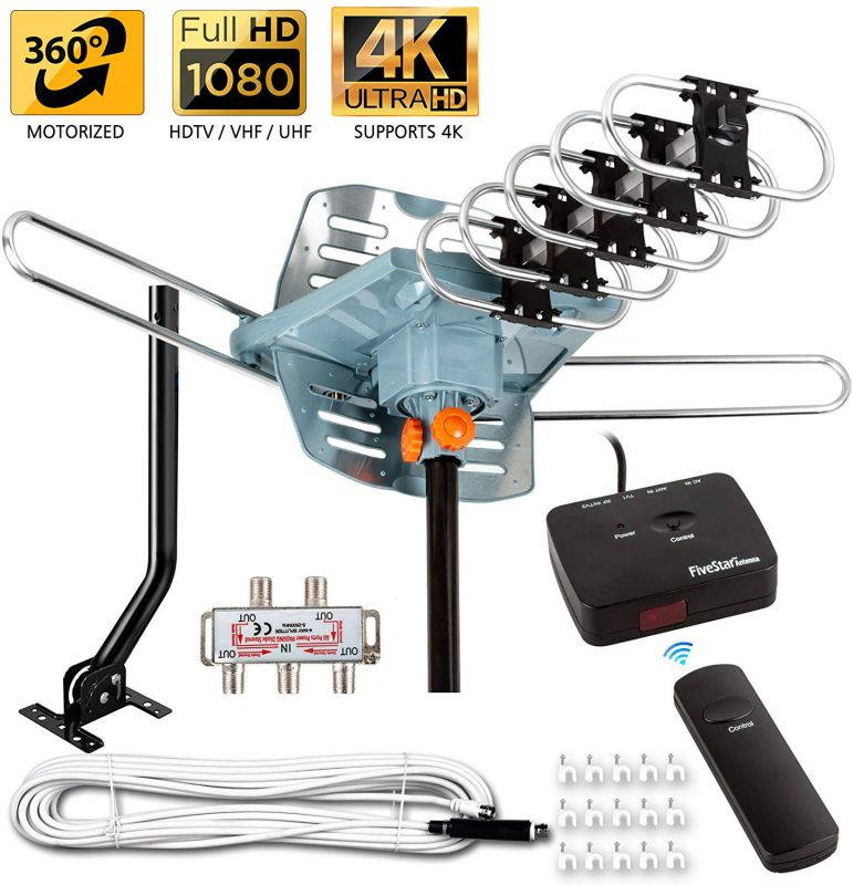 FiveStar [Newest 2020] HDTV Antenna Amplified Digital Outdoor Antenna 150 Miles Range, 360 Degree Rotation Wireless Remote, with 40FT RG6 Coax Cable Installation Kit and Mounting Pole 5 TVs